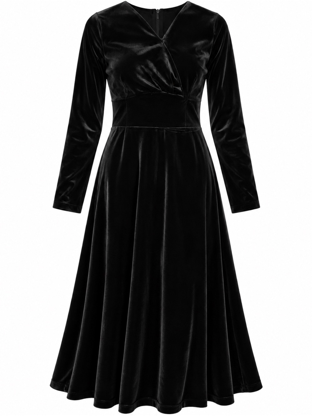 Classic Black Velvet Long-Sleeve Midi Dress
